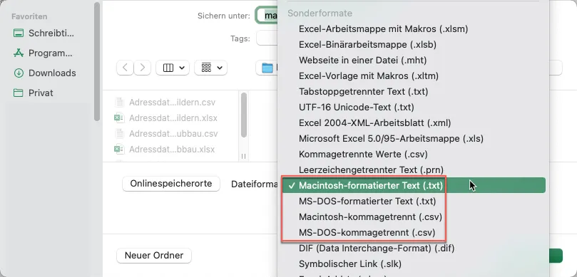 Screenshot eines Dropdown-Menüs zur Dateiformatauswahl für einen InDesign-Serienbrief. Das Menü enthält Optionen wie Excel, XML und verschiedene Text- und CSV-Formate. „Macintosh-formatierter Text (.txt)“ ist hervorgehoben und ausgewählt.