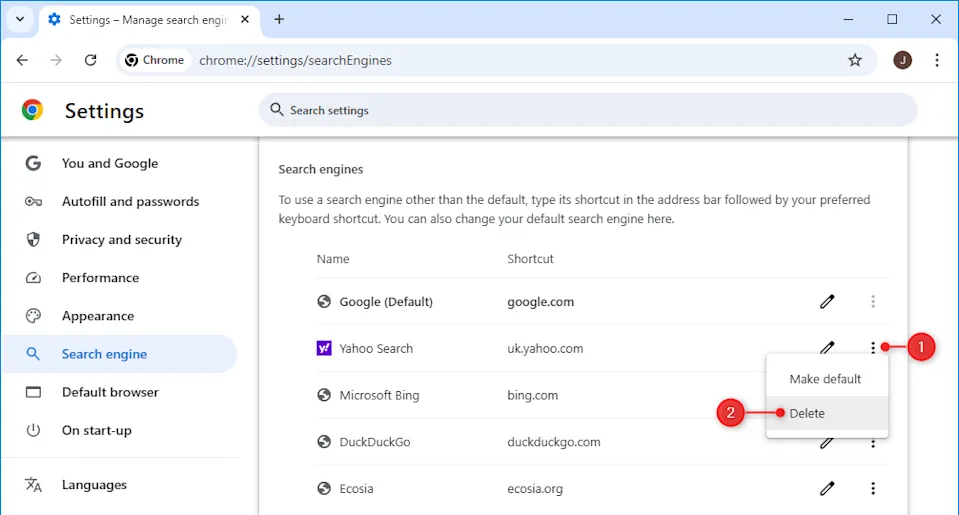 Screenshot: Entfernen einer Suchmaschine in Google Chrome auf dem Desktop