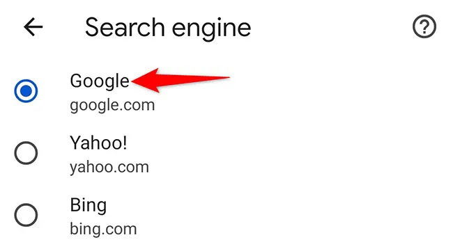 Screenshot: Liste der Suchmaschinen in Google Chrome auf Mobilgeräten