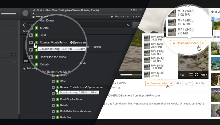 Screenshot: Skyload Download-Optionen auf einer Odnoklassniki-Seite in Google Chrome