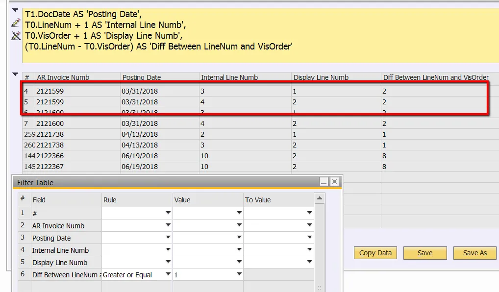 Screenshot Vergleich LineNum und VisOrder in SAP Business One Ausgangsrechnung 2121599