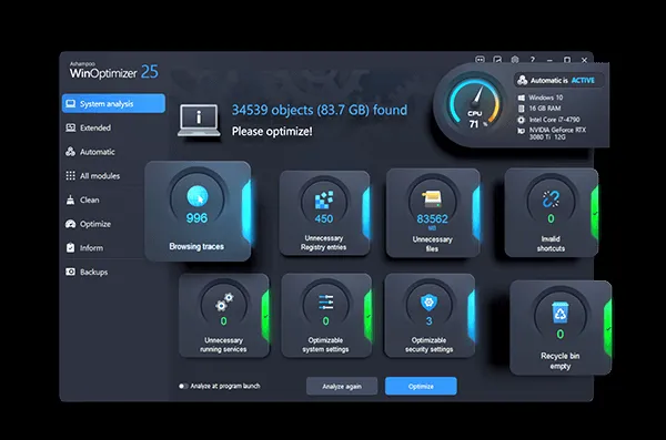 Screenshot WinOptimizer 25 - Startpage