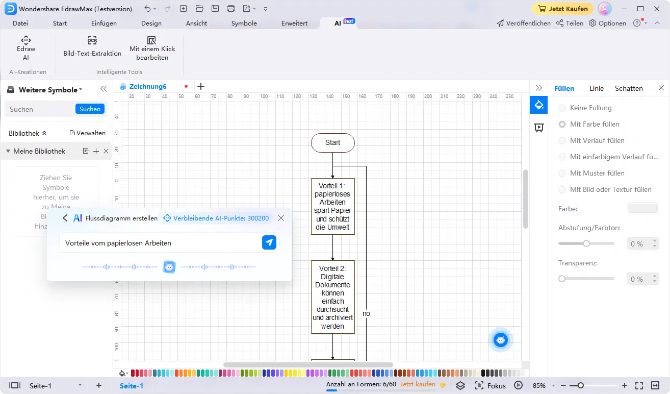Screenshot zeigt die Eingabe einer Abfrage für KI-gestützte Zeichnung mit Bemaßung im EdrawMax Zeichenprogramm, um eine technische Illustration zu erstellen.