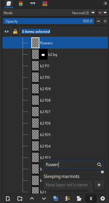 Searching layers with “flower” in the name - 3 were found in this huge layer list