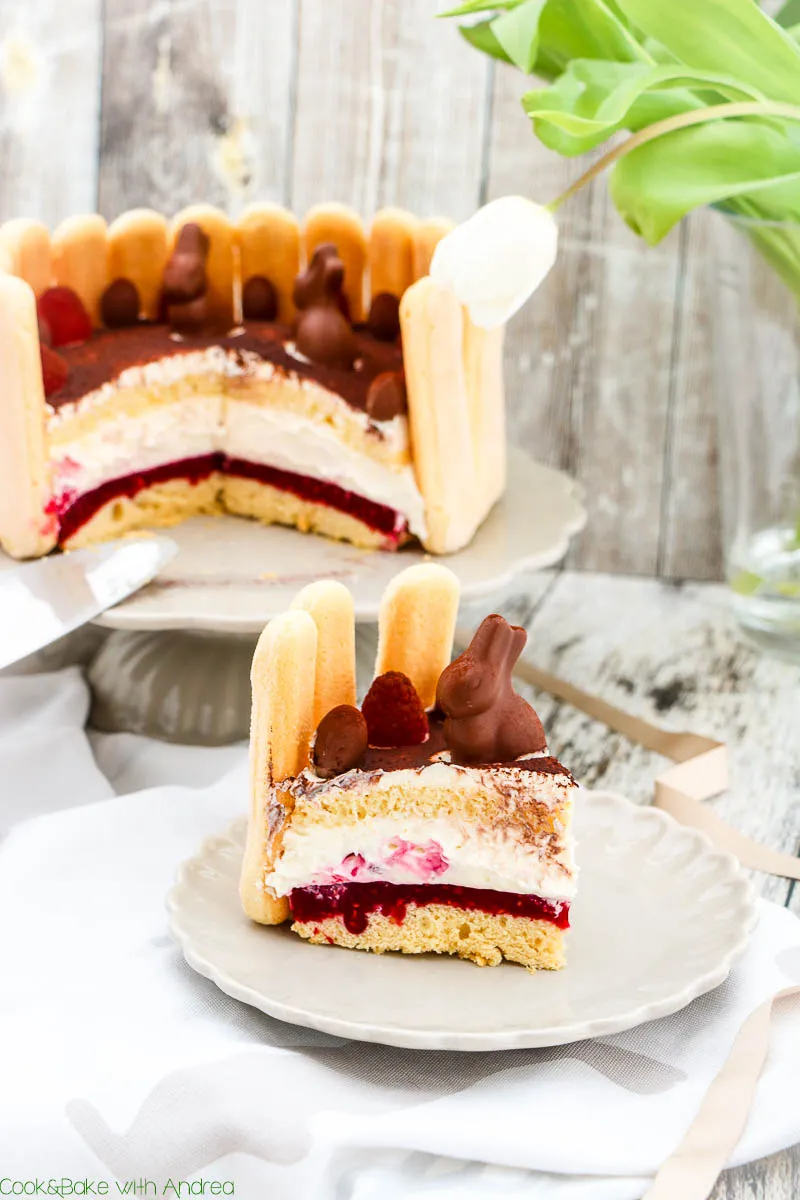 Seitenansicht der frühlingshaften sahnetorte ostern, mit dekorativem Band und knackigem Löffelbiskuit am Rand.