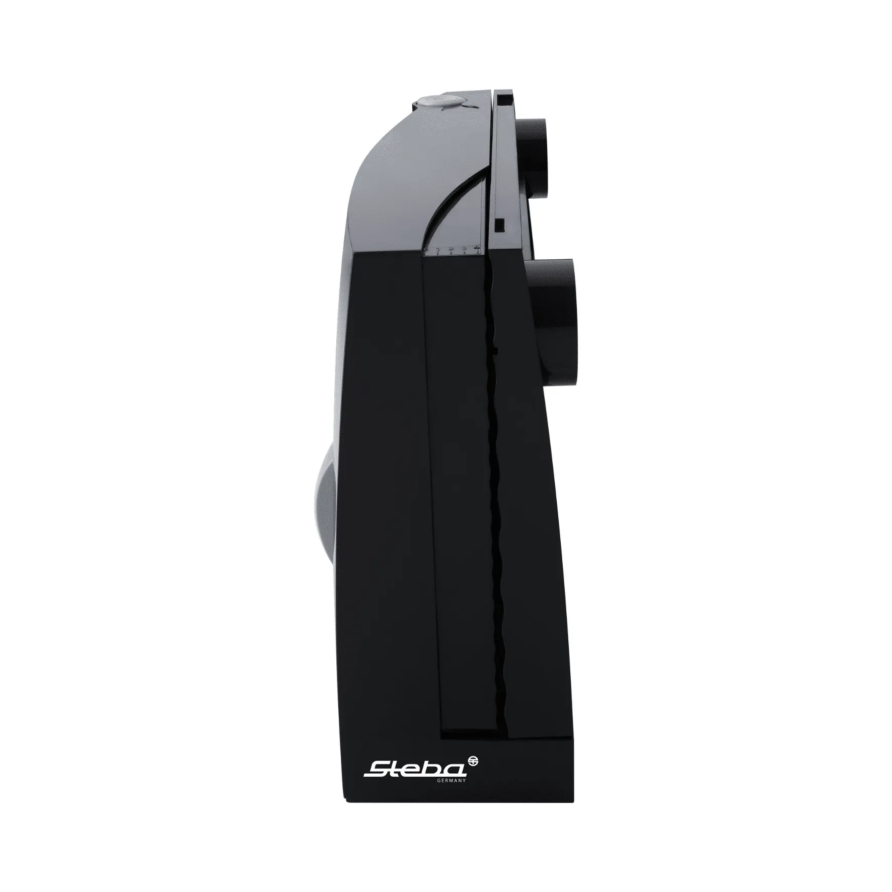 Seitenansicht des klappbaren Steba AS 100 Allesschneiders, der sich platzsparend verstauen lässt.