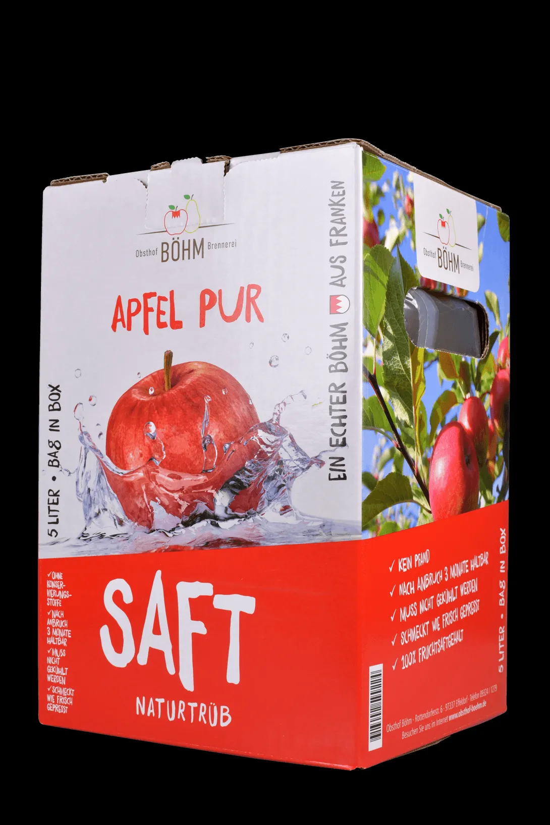 Seitenansicht einer 5l Bag-in-Box Apfelsaft naturtrüb