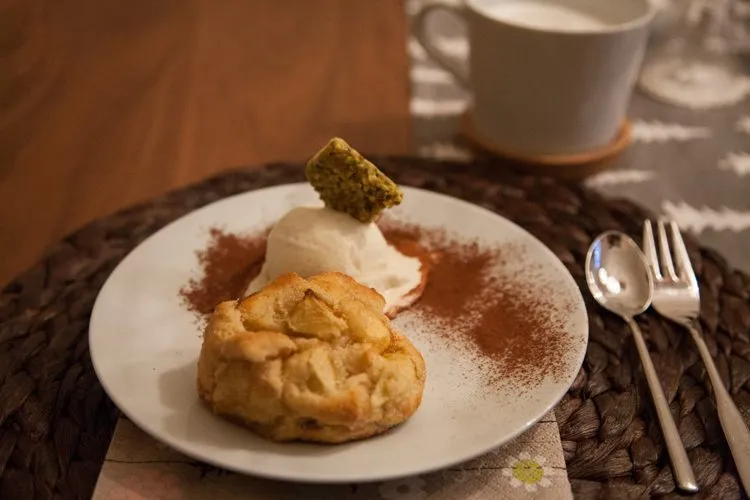 Selbstgemachtes Vanilleeis mit frischen Apfelballen als Dessert