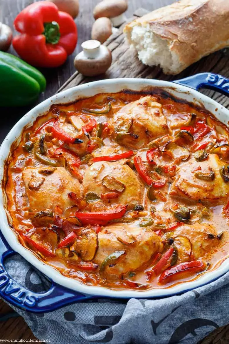 Servierfertige Hähnchenbrust mit cremiger Soße und frischen Kräutern