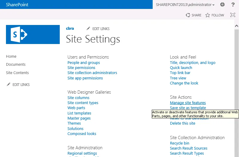 SharePoint Site Settings: Websitefeatures verwalten