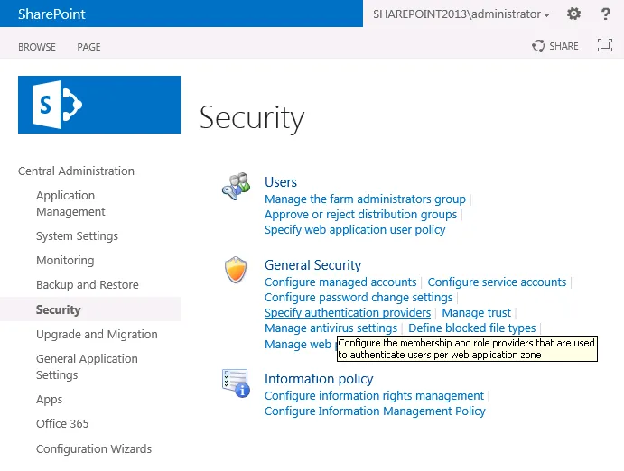 Sicherheitsoptionen in SharePoint Zentraladministration