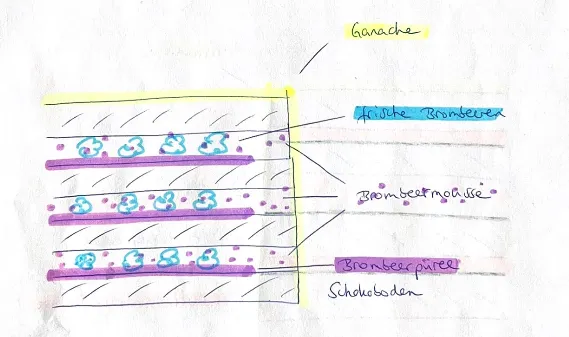 Skizze des Schichtaufbaus der oberen Torte mit Schokoladenböden, Brombeermousse und Brombeeren