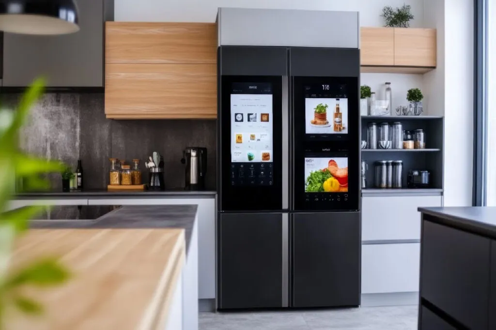 Smarter Kühlschrank mit integrierter Kamera und Display für intelligente Essensplanung