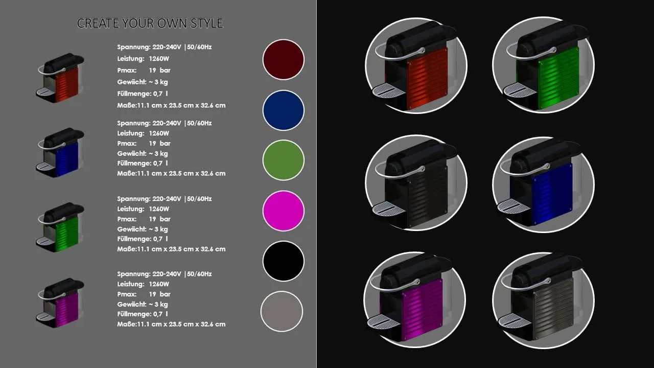 SOLIDWORKS Composer Ansichten eines Kaffeeautomaten, fertiggestellt für PDF-Dokumente, ideal für Produkthandbücher und digitale Schulungsmaterialien.