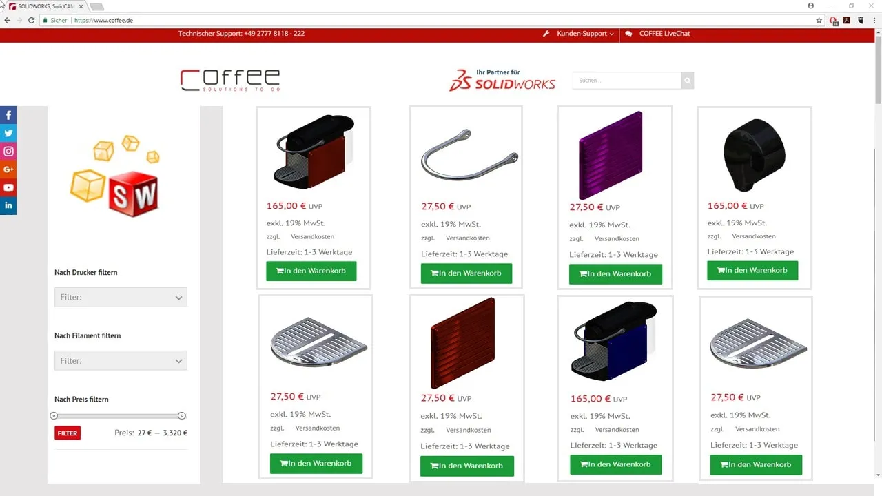 SOLIDWORKS Composer Ansichten eines Kaffeeautomaten, optimiert für Webshops und Online-Schulungsplattformen, zur Produktpräsentation.