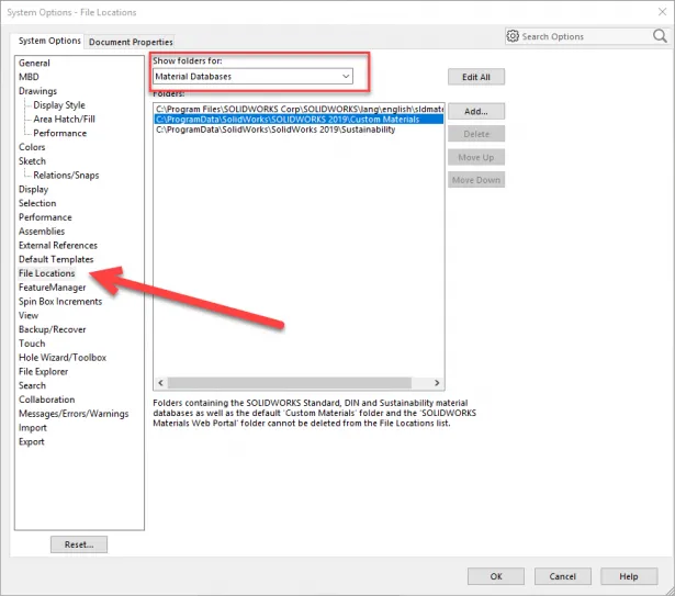 SOLIDWORKS Dateipositionen für benutzerdefinierte Materialien