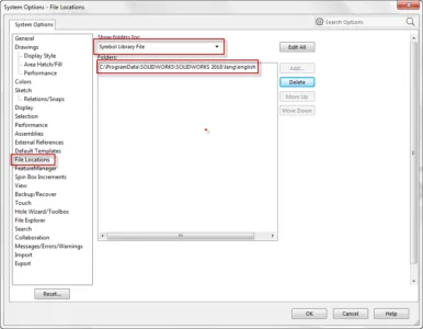 SOLIDWORKS Systemoptionen mit korrigiertem Pfad