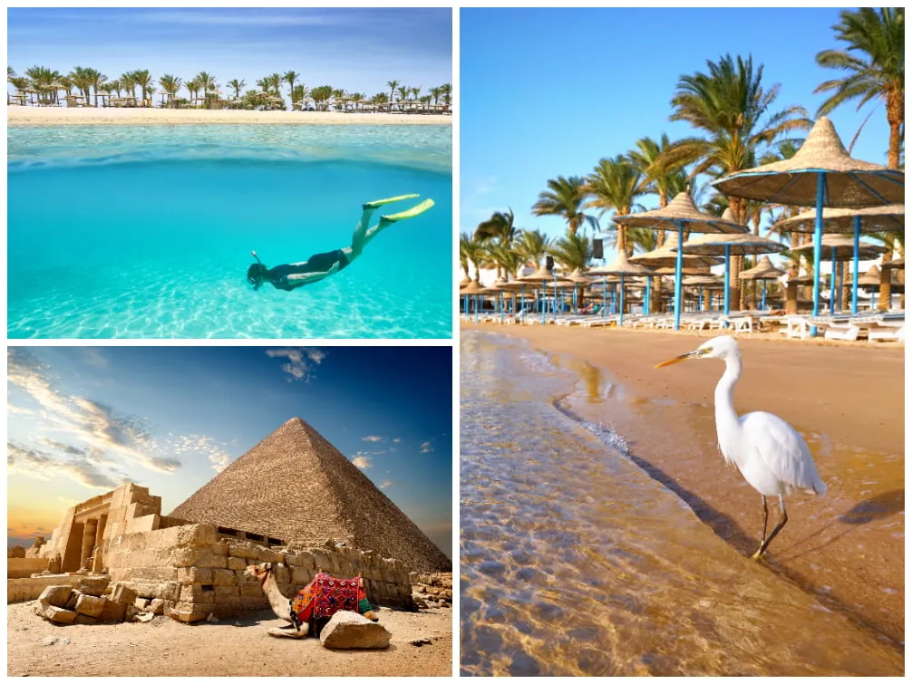 Sonniger Strand und Pyramiden in Ägypten im März