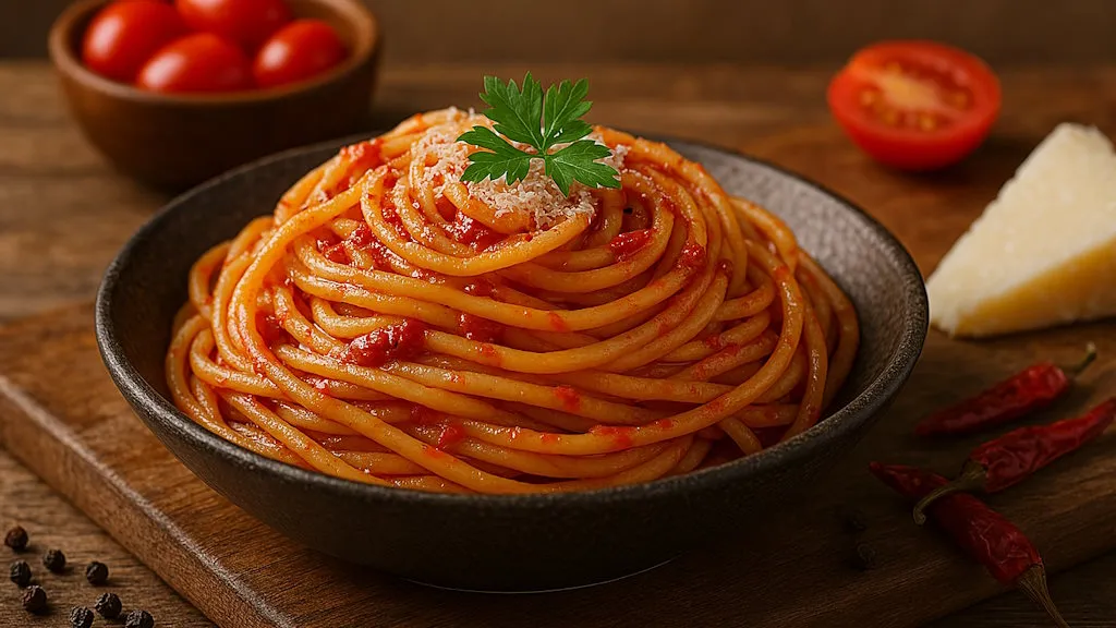 Spaghetti Arrabbiata mit frischen Tomaten, Chili und Parmesan, garniert mit Petersilie.