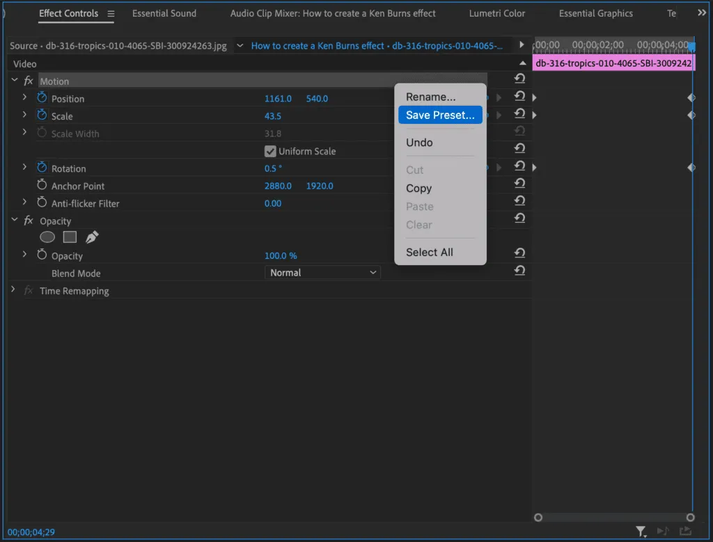 Speichern des Ken Burns Presets in Premiere Pro