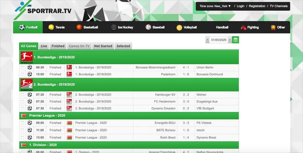 SportRAR.tv Homepage mit Live- und kommenden Sportspielen