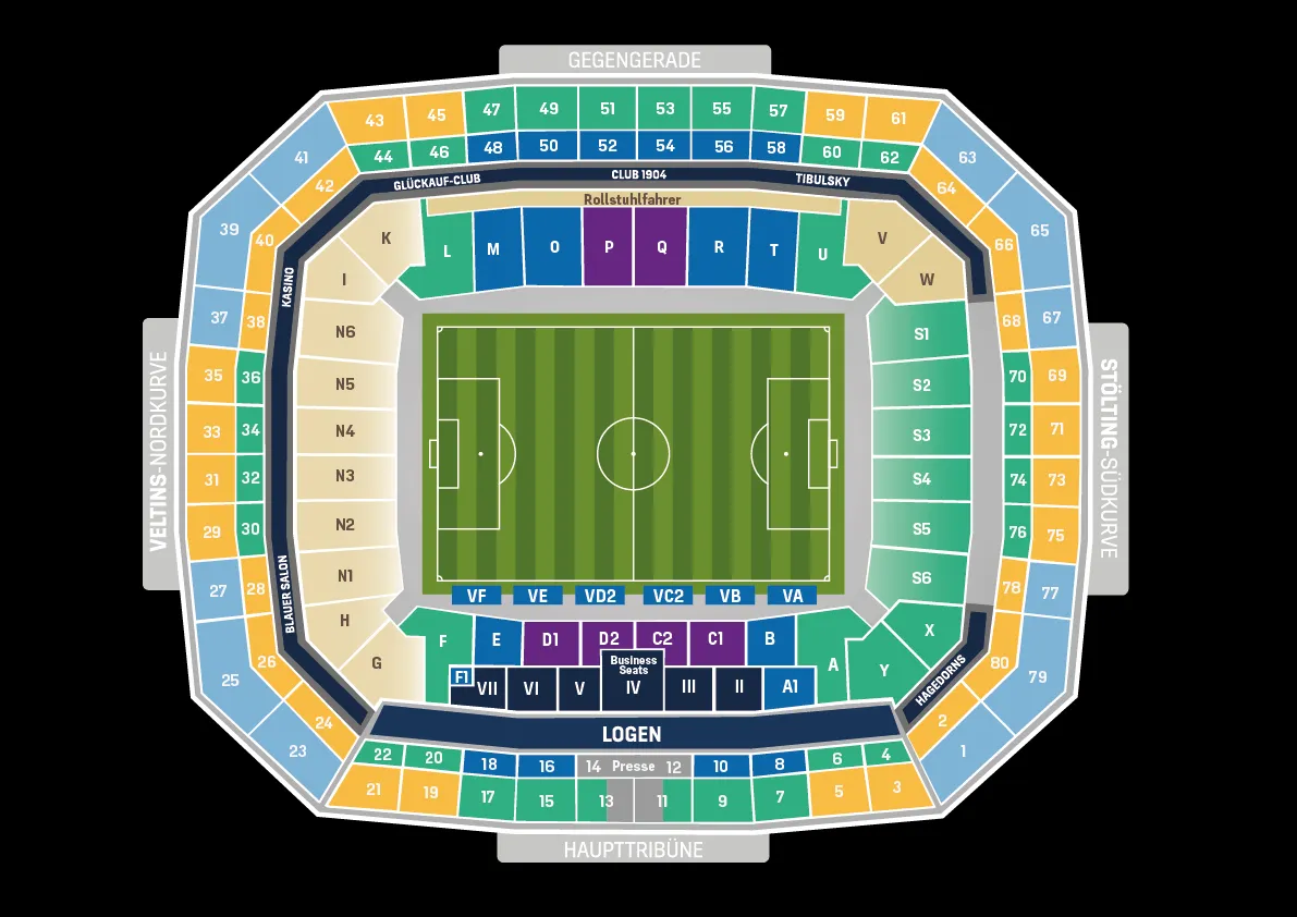 Stadionplan der VELTINS-Arena mit den Preis-Kategorien der Saison 2025/2026