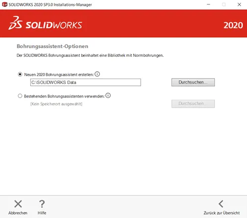 Standardpfad des Bohrungsassistenten während der SOLIDWORKS Installation