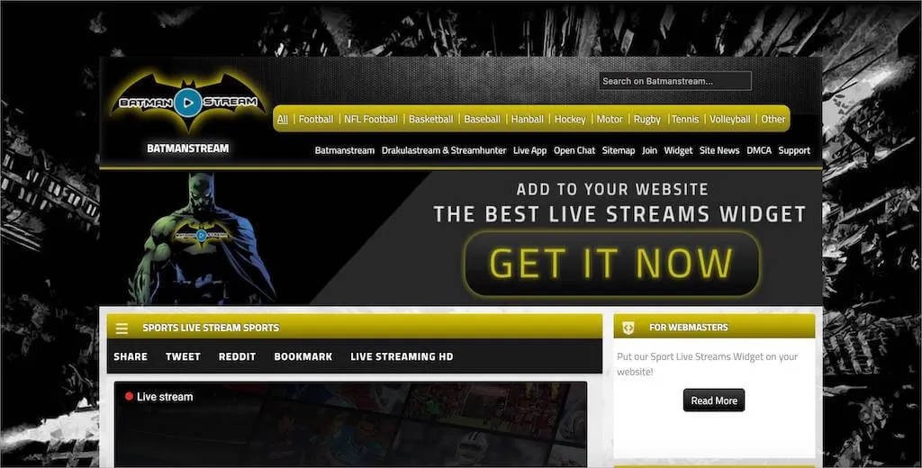 Startseite von Batmanstream, einer kostenlosen Sport-Streaming-Seite