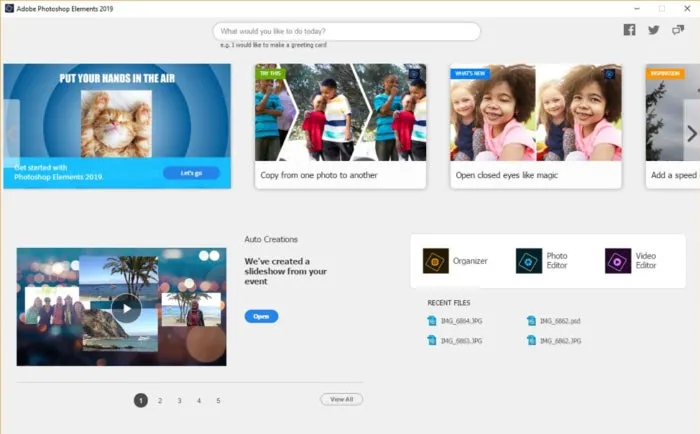 Startseite von Photoshop Elements 2019