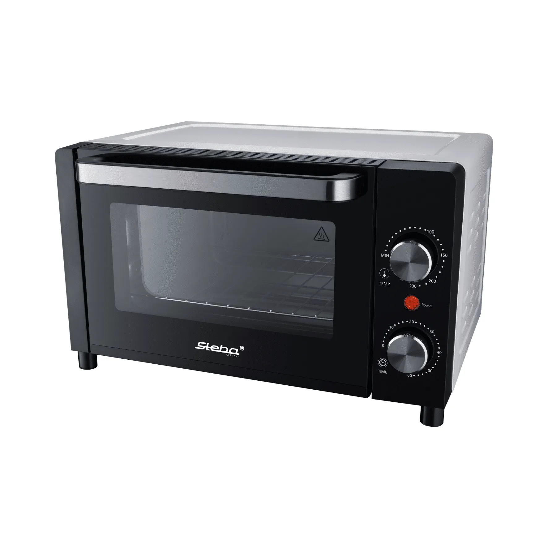 Steba Mini-Backofen mit Glastür, Temperatur- und Zeitschaltuhrregler, schwarz, kompakte Bauweise.