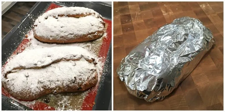 Stollen Rezept Teig nach dem Backen mit Butter und Puderzucker verfeinern