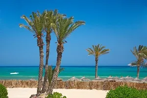 Strand auf Djerba, Tunesien, mit weissem Sand und blauem Meer, ein attraktives Ziel für Badeferien im Juli.