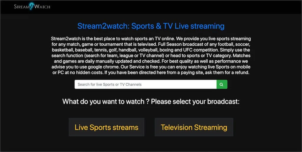 Stream2Watch Startseite mit TV-Kanälen und Sportübertragungen
