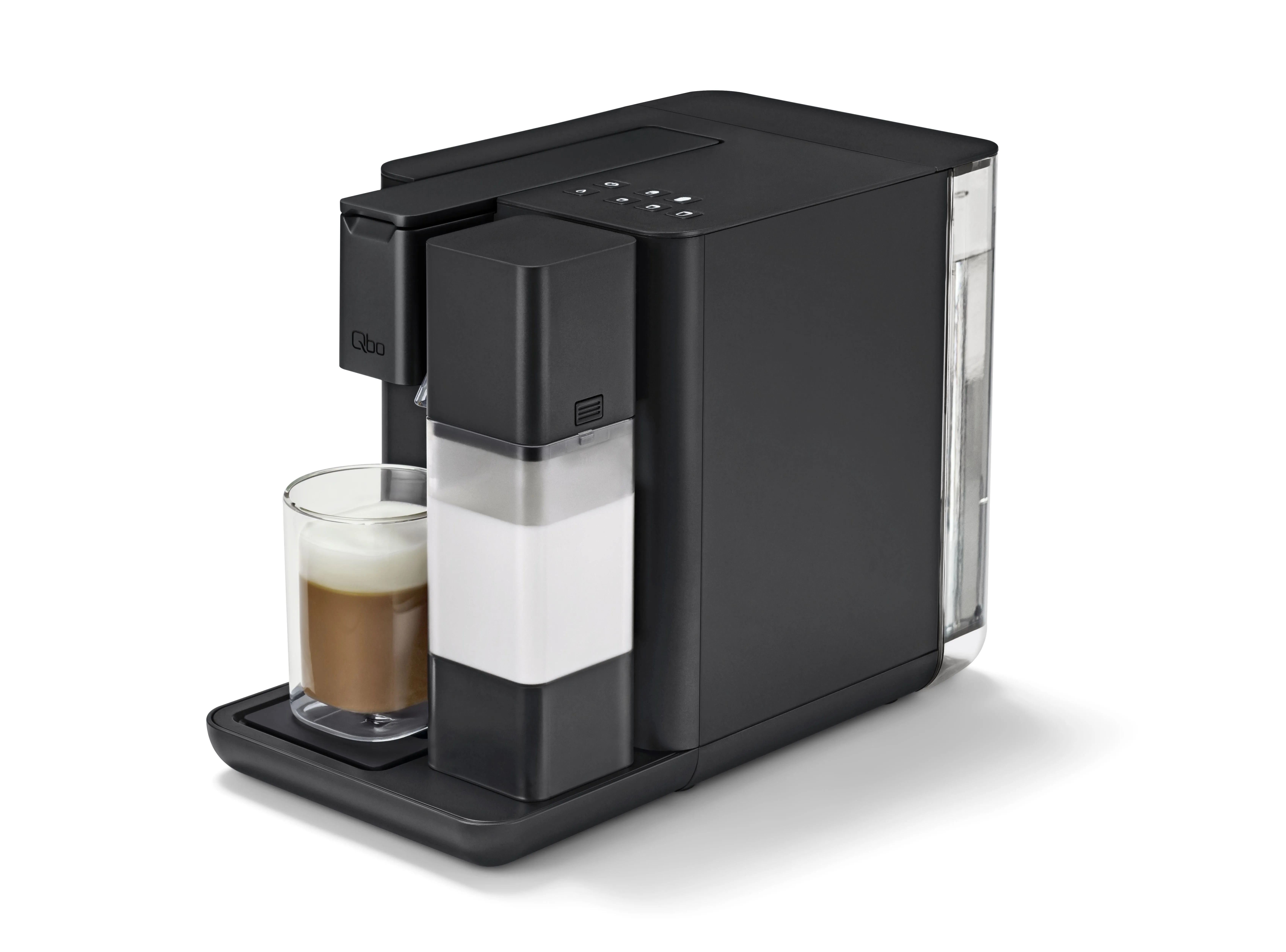 Stylische Seitenansicht der Qbo Milk Master in der Limited Edition „Velvet Black“, bereit für perfekten Milchschaum und Qbo Kaffee.