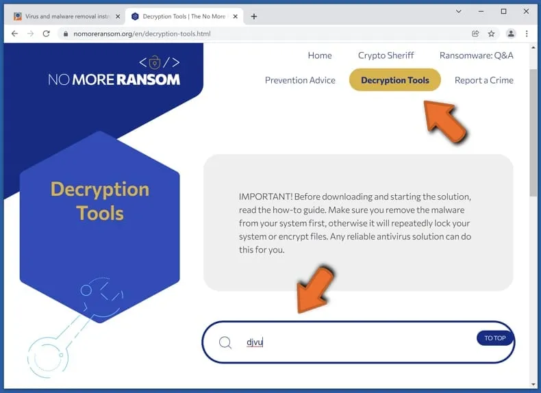 Suche nach Ransomware-Entschlüsselungswerkzeugen auf der Website von nomoreransom.org