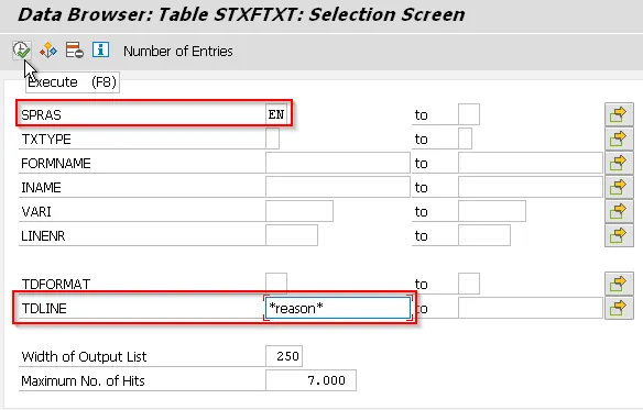 Suche nach Texten in der SAP Tabelle STXFTXT mit SE16N zur Identifizierung von Smart Forms