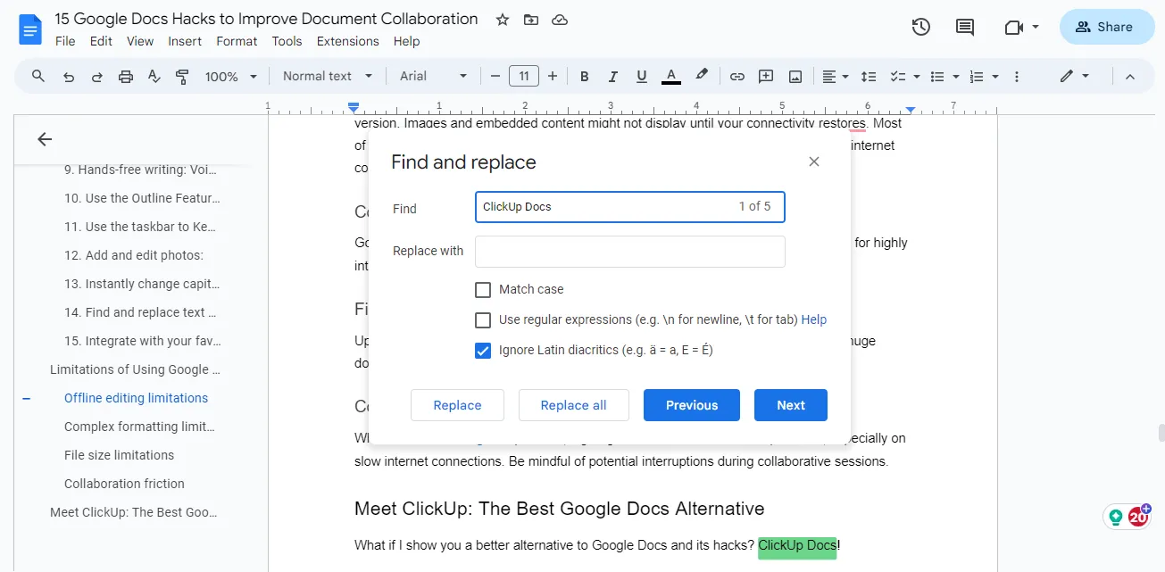 suchen und Ersetzen in Google Docs