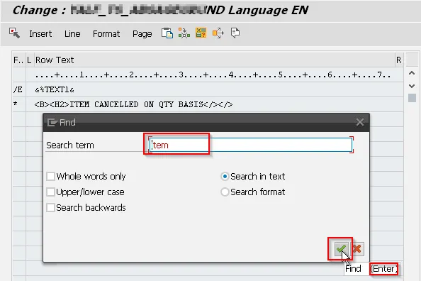 Suchfunktion mit Textfeld im Vollbildeditor von SAP SE63 für gezielte Korrekturen
