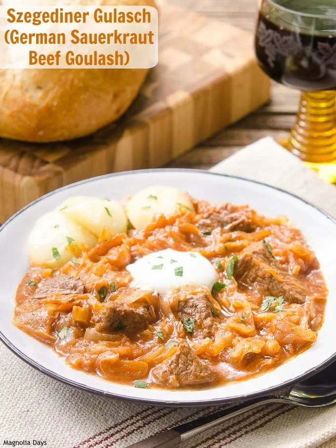 Szegediner Gulasch in einem Bräter, mit frischen Zutaten