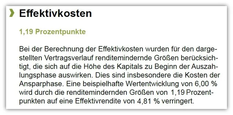 Tabelle der Effektivkosten der Continentale BasisRente Invest Bruttopolice im Produktinformationsblatt