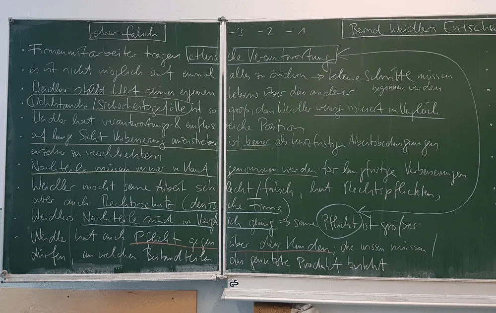 Tafelbild einer Dilemmadiskussion als Unterrichtsmethode für ethische Fragestellungen