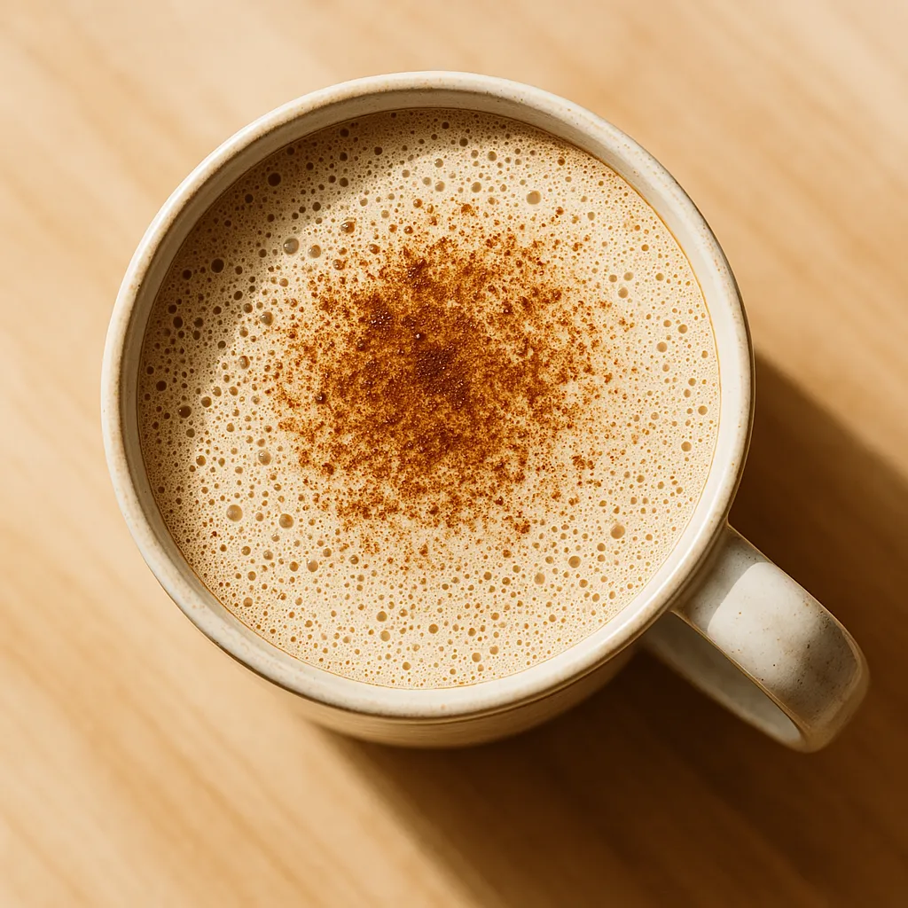 Tasse mit Milchschaum und Gewürzen, modern präsentiert