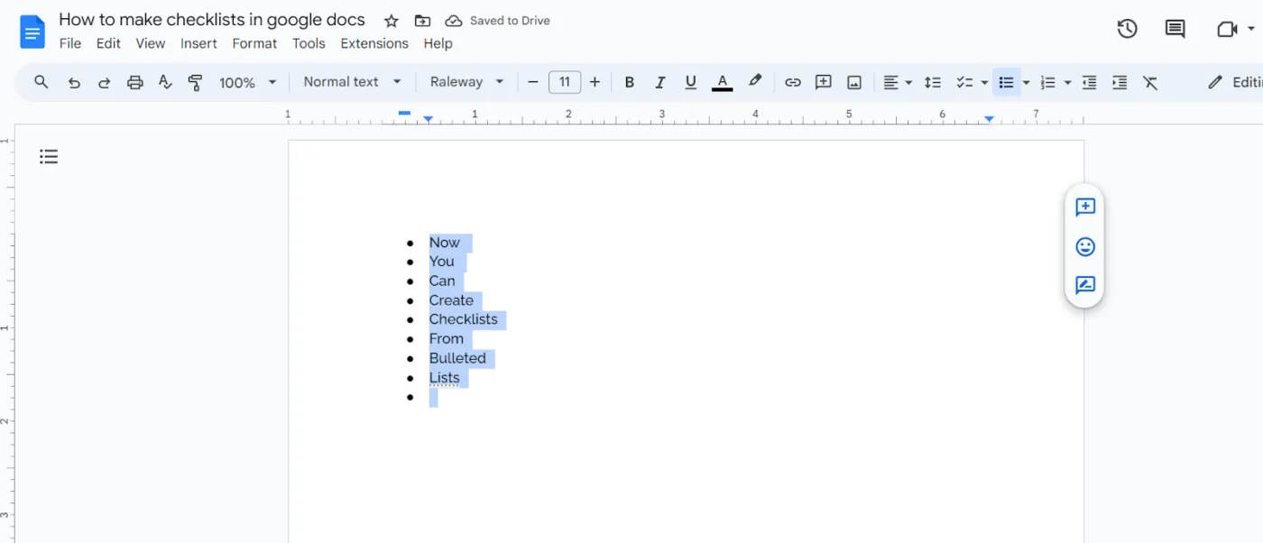 Textauswahl in Google Docs für die Umwandlung in eine Checkliste