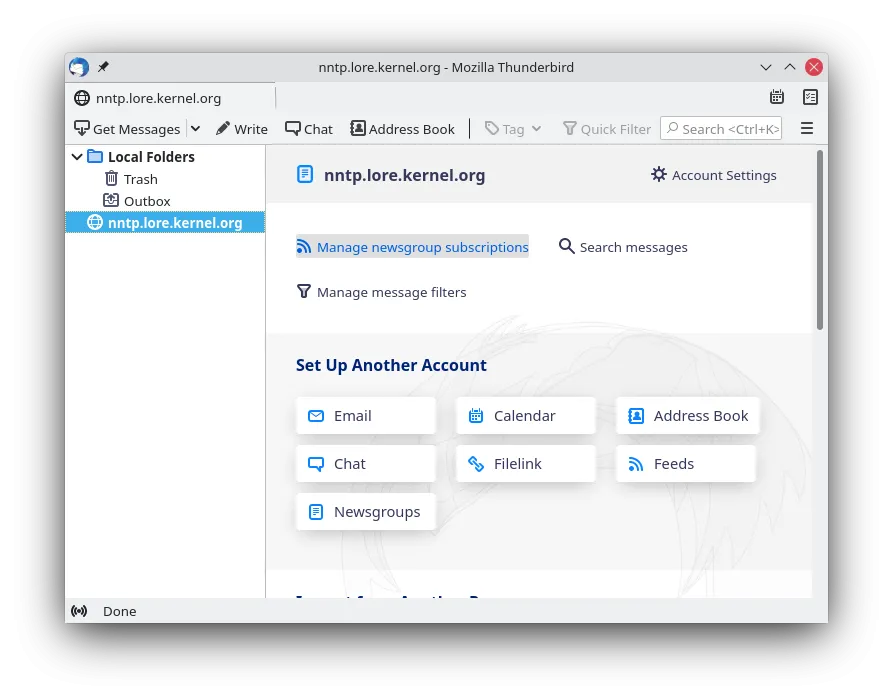 Thunderbird Newsgroups: Übersicht des neu erstellten Kontos mit Option zur Abonnementverwaltung