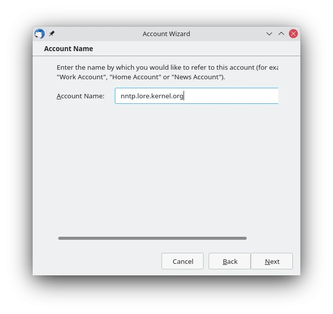 Thunderbird: NNTP-Server-Adresse "nntp.lore.kernel.org" für Kernel-Mailinglisten eingeben