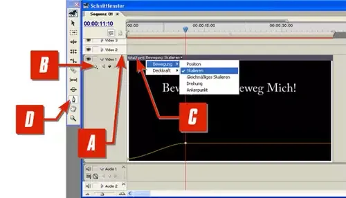 Timeline-Vorbereitung in Premiere Pro zum Anzeigen der Keyframes und Auswahl des Parameters Skalierung