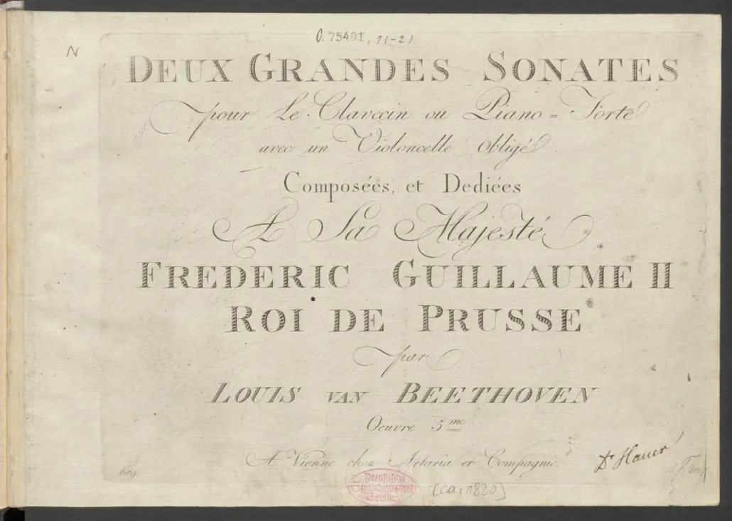 Titelblatt von Beethovens Op. 5 Sonaten, König Friedrich Wilhelm II. gewidmet