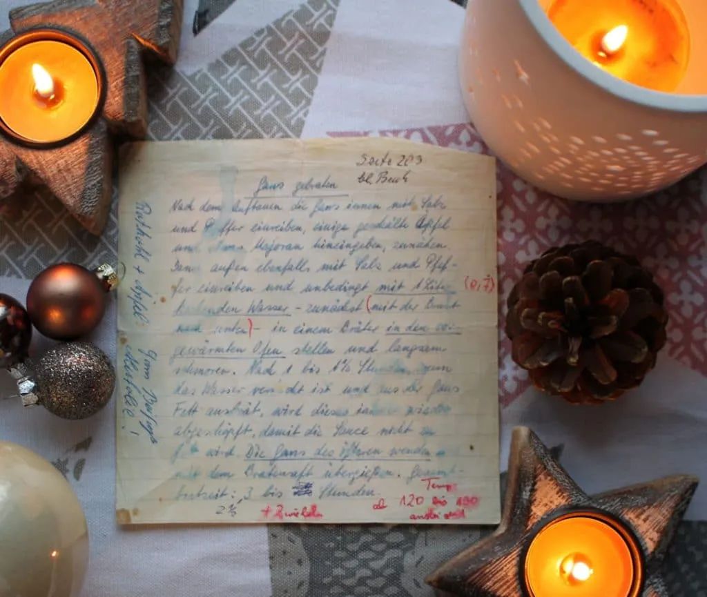 Traditionelles Familienrezept für Gänsebrust handschriftlich