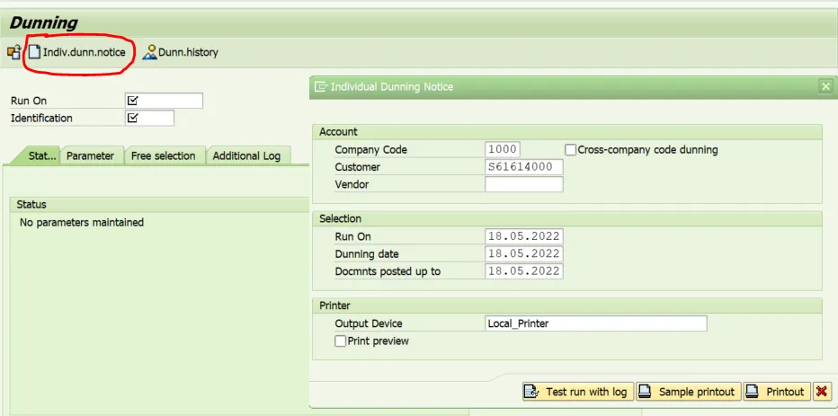 Transaktion SAP F150: Selektionsbild für den individuellen Mahnlauf zur E-Mail-Versendung.
